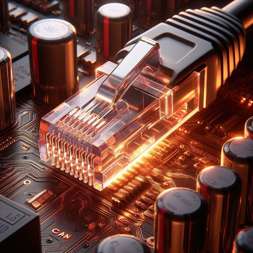 컴퓨터 메인보드에 꽂혀 있는 랜선 포트와 네트워크 오류를 나타내는 붉은색 조명