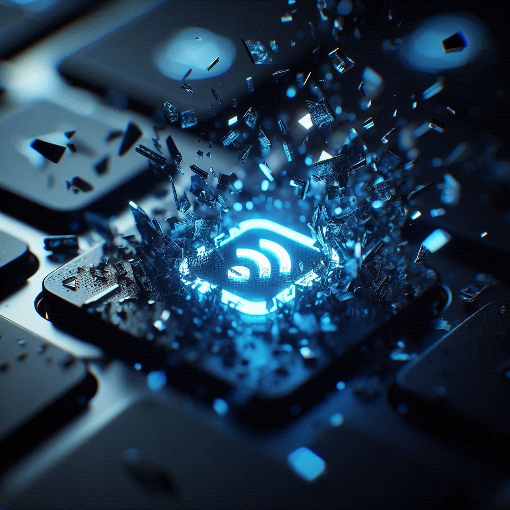 A shattered Bluetooth icon on a laptop keyboard, representing the missing Bluetooth toggle error in Windows 11.