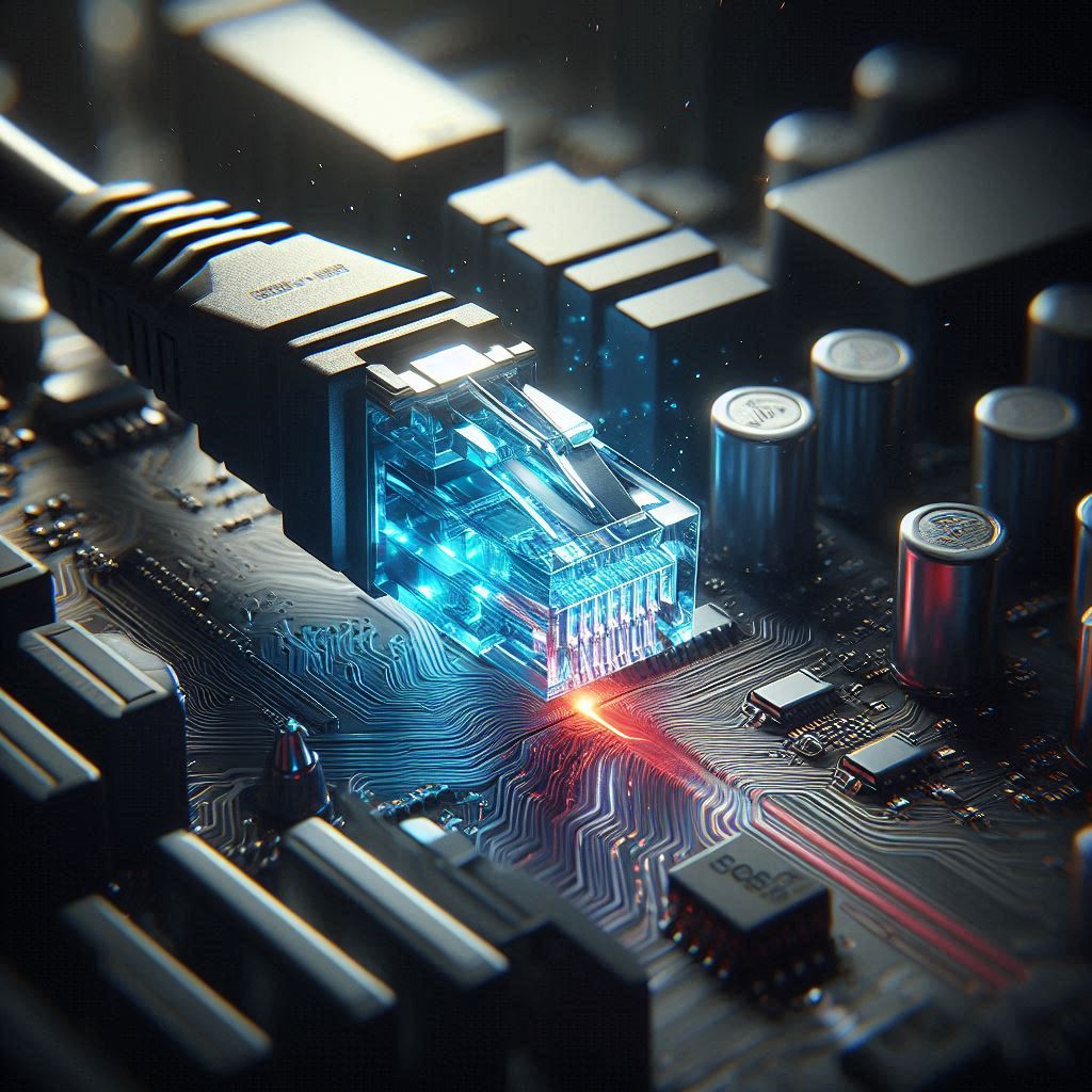 데스크탑 PC 메인보드 포트에 꽂힌 두꺼운 이더넷 랜선, 네트워크 병목 현상을 상징하는 붉은색 경고 빛줄기로 바뀌는 매크로 촬영.