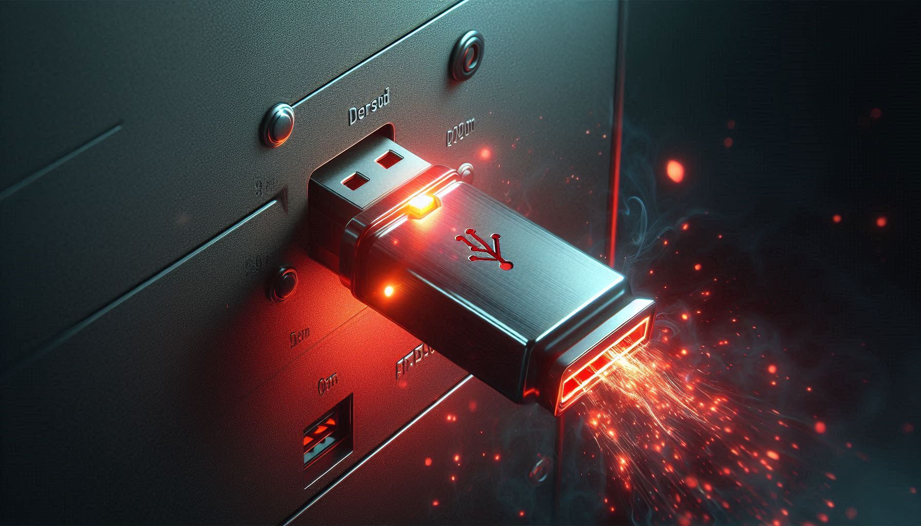 데스크탑 PC 후면 포트에 꽂힌 채 빨간색 경고등이 들어온 USB 드라이브 매크로 사진