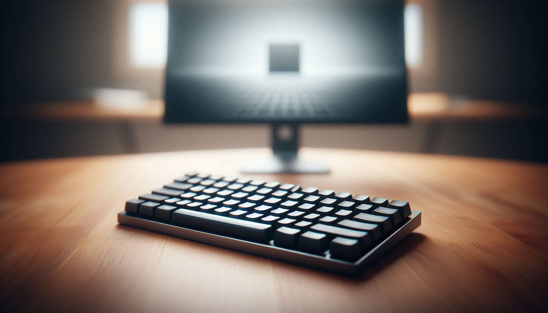 어두운 방 안에서 화려한 RGB 조명이 켜진 기계식 키보드와 뒤쪽으로 흐릿하게 보이는 에러가 발생한 컴퓨터 모니터 화면