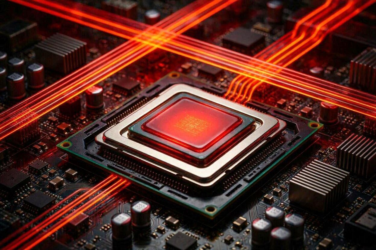 과부하가 걸려 붉게 달아오른 데스크탑 CPU 매크로 사진으로 윈도우 11 wsappx 프로세스 폭주 에러를 상징합니다.